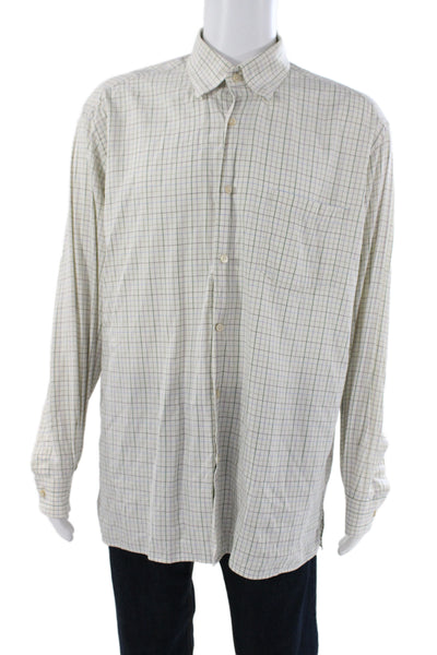 Ermenegildo Zegna Mens Dress Shirt Button Up Beige Plaid Cotton Size 2XL