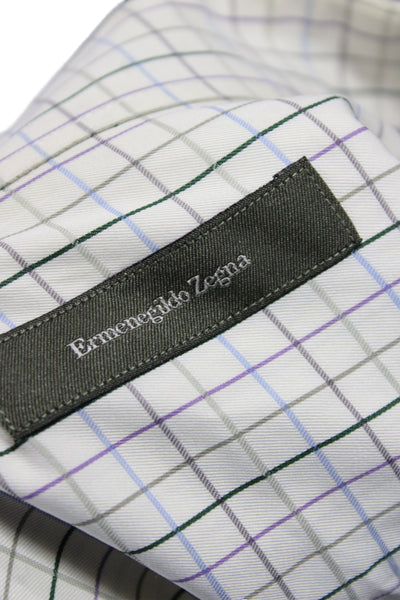 Ermenegildo Zegna Mens Dress Shirt Button Up Beige Plaid Cotton Size 2XL