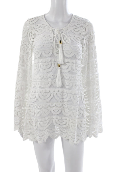 PilyQ Womens White Long Sleeve Tunic Tie Neck Beach Size XS