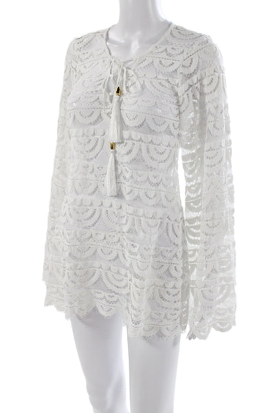 PilyQ Womens White Long Sleeve Tunic Tie Neck Beach Size XS