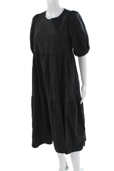 Zara Womens Trapeze Swing Dress Black Cotton Short Sleeve Round Neck Size S