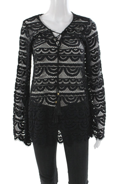 Pily Q Womens Tunic Blouse Black V-Neck Lace Up Long Sleeve Size XS