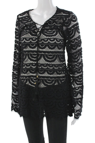 Pily Q Womens Tunic Blouse Black V-Neck Lace Up Long Sleeve Size XS