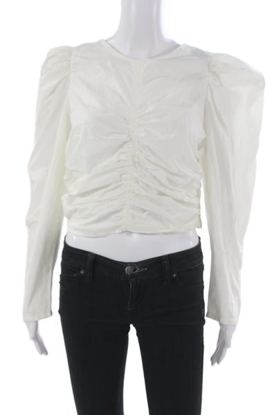 Zara Womens Cropped Linen Blouse White Long Sleeve Round Neck Bohemian Size L