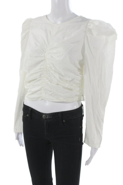 Zara Womens Cropped Linen Blouse White Long Sleeve Round Neck Bohemian Size L