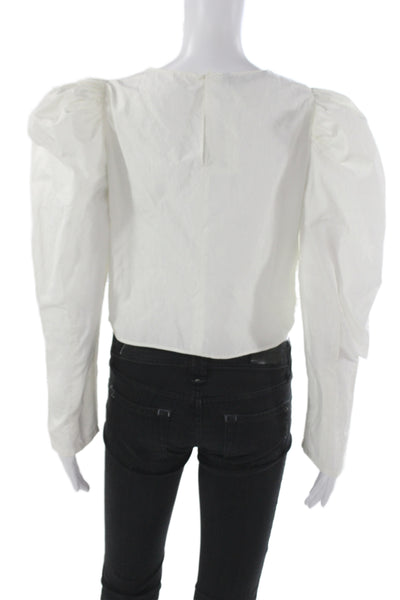Zara Womens Cropped Linen Blouse White Long Sleeve Round Neck Bohemian Size L