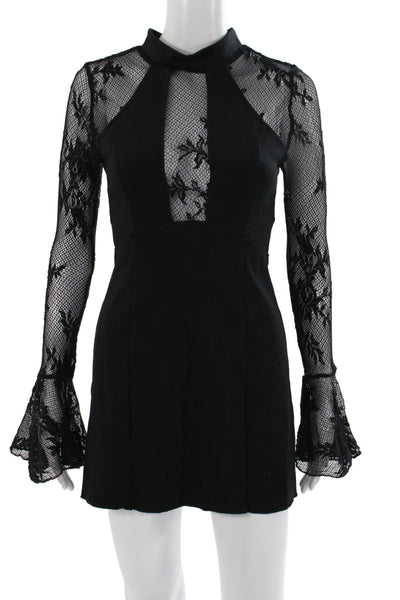 Free People Womens Black Floral Mini Dress High Neck Long Sleeve Rayon Size XS