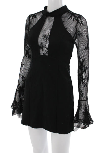 Free People Womens Black Floral Mini Dress High Neck Long Sleeve Rayon Size XS