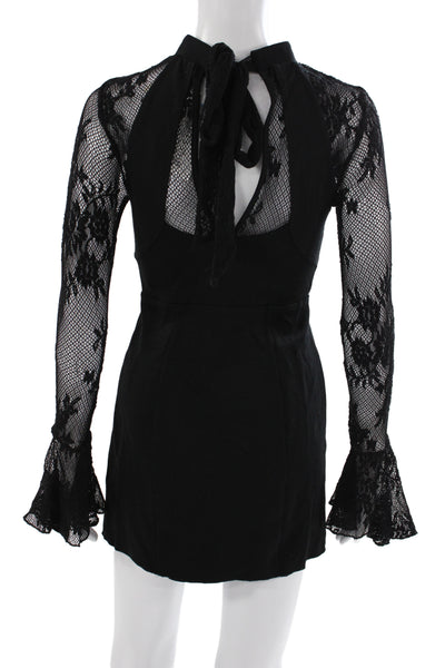 Free People Womens Black Floral Mini Dress High Neck Long Sleeve Rayon Size XS