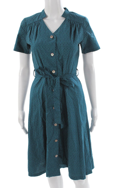 Archerie Women Shirt Dress Blue Geometric V-Neck Short Sleeve Size 2