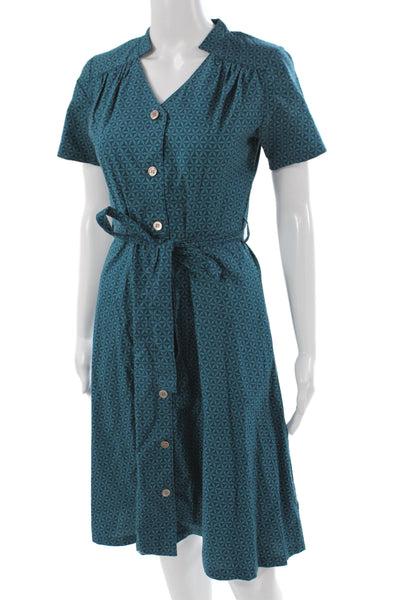 Archerie Women Shirt Dress Blue Geometric V-Neck Short Sleeve Size 2