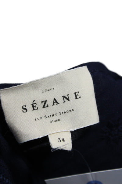 Sezane Womens Tunic Blouse Scoop Neck Short Sleeve Blue Polyester Size 34