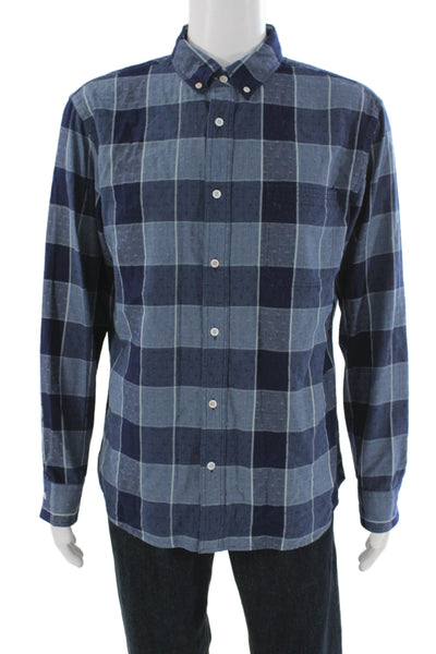 Billy Reid Mens Blue Plaid Cotton Collared Button Down Shirt Size L