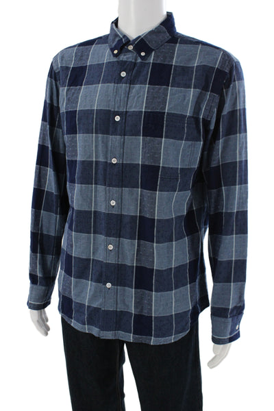 Billy Reid Mens Blue Plaid Cotton Collared Button Down Shirt Size L