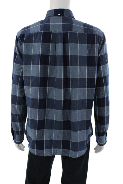 Billy Reid Mens Blue Plaid Cotton Collared Button Down Shirt Size L