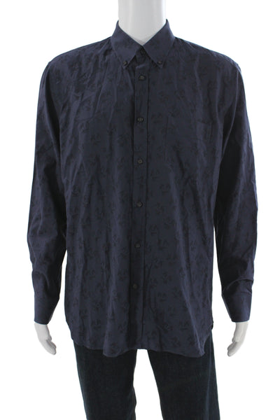 Billy Reid Mens Cotton Abstract Button Up Shirt Navy Size 17