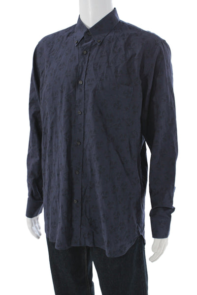 Billy Reid Mens Cotton Abstract Button Up Shirt Navy Size 17