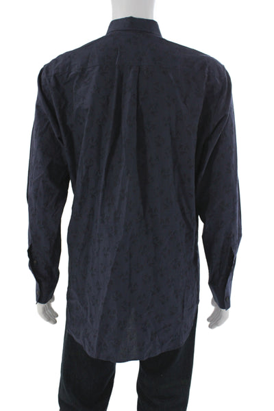 Billy Reid Mens Cotton Abstract Button Up Shirt Navy Size 17
