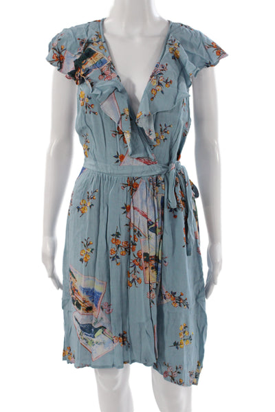 Maeve Anthropologie Women Wrap Dress Blue Floral Midi Tie Waist Size 8