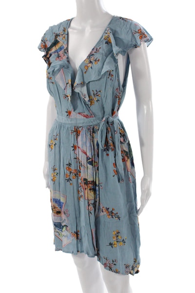 Maeve Anthropologie Women Wrap Dress Blue Floral Midi Tie Waist Size 8