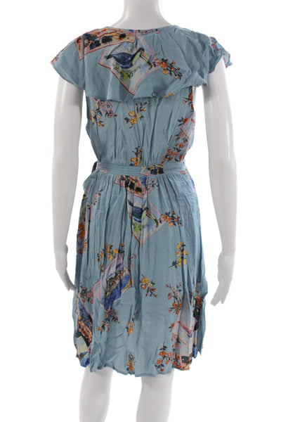 Maeve Anthropologie Women Wrap Dress Blue Floral Midi Tie Waist Size 8