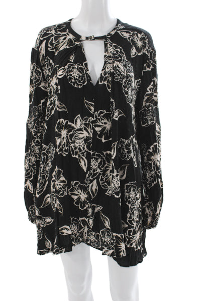 Free People Women Tunic Floral V-Neck Long Sleeve Black Rayon Boho Size M