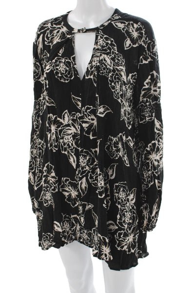 Free People Women Tunic Floral V-Neck Long Sleeve Black Rayon Boho Size M