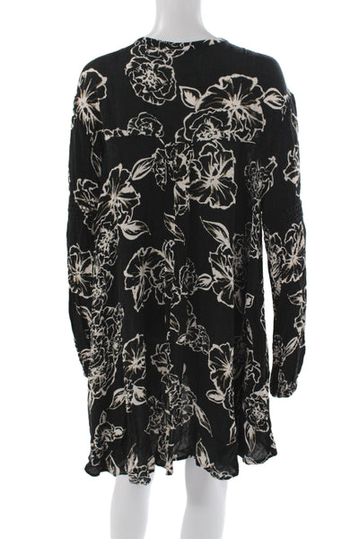 Free People Women Tunic Floral V-Neck Long Sleeve Black Rayon Boho Size M