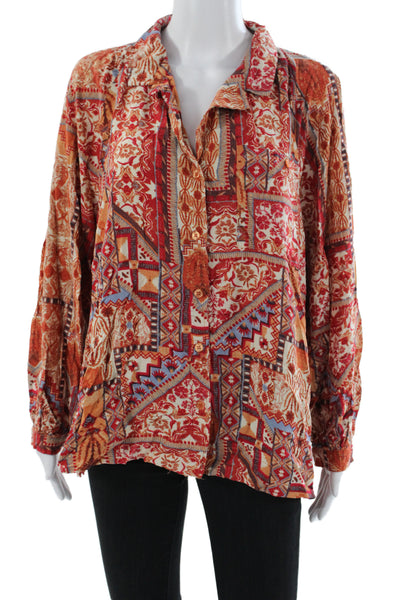 Rachel Zoe Women Tunic Multicolor Geometric Button Rayon Long Sleeve Size M
