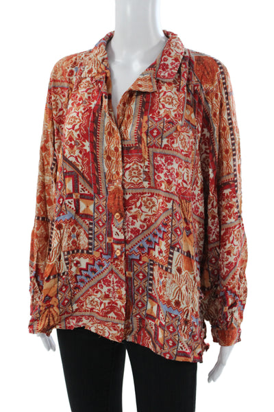 Rachel Zoe Women Tunic Multicolor Geometric Button Rayon Long Sleeve Size M