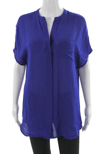 Vince Womens Silk V-Neck Short Sleeve Basic Blouse Blue Size M