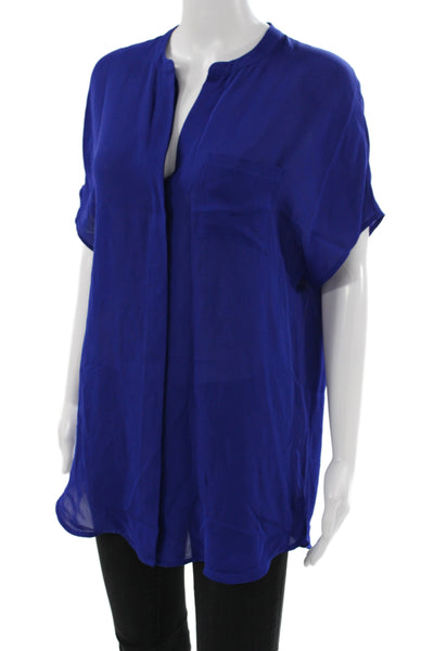 Vince Womens Silk V-Neck Short Sleeve Basic Blouse Blue Size M
