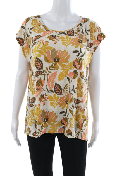 Rachel Zoe Women Basic Floral Linen Short Sleeve Blouse Beige Size XL