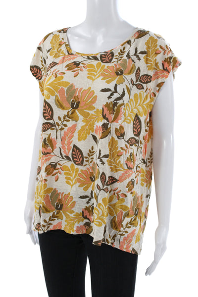 Rachel Zoe Women Basic Floral Linen Short Sleeve Blouse Beige Size XL