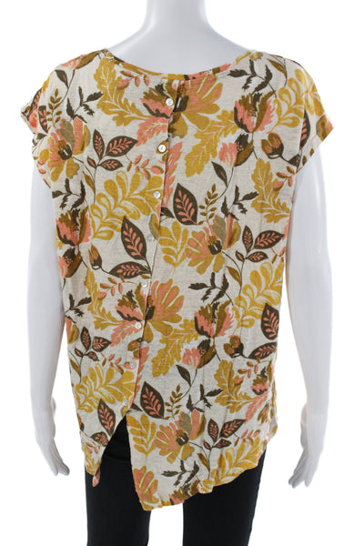 Rachel Zoe Women Basic Floral Linen Short Sleeve Blouse Beige Size XL