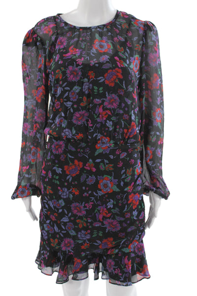 Veronica Beard Womens Black Floral Silk Mini Dress Long Sleeve Zip Size 8