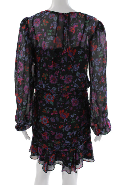 Veronica Beard Womens Black Floral Silk Mini Dress Long Sleeve Zip Size 8
