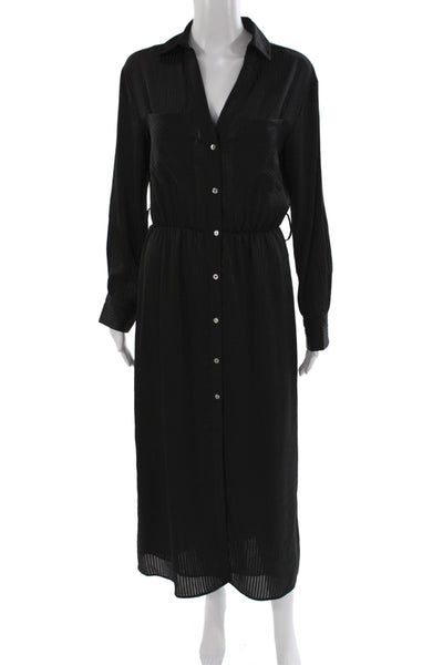 Zara Womens Collared Striped Maxi Dress Black Long Sleeve Polyester Size S