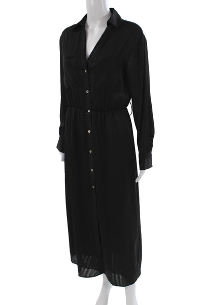 Zara Womens Collared Striped Maxi Dress Black Long Sleeve Polyester Size S
