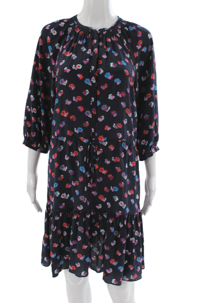 Rebecca Taylor Womens Black Silk Floral Shift Dress 3/4 Sleeve Button Size 4