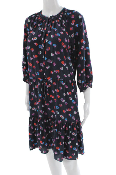 Rebecca Taylor Womens Black Silk Floral Shift Dress 3/4 Sleeve Button Size 4