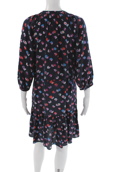 Rebecca Taylor Womens Black Silk Floral Shift Dress 3/4 Sleeve Button Size 4