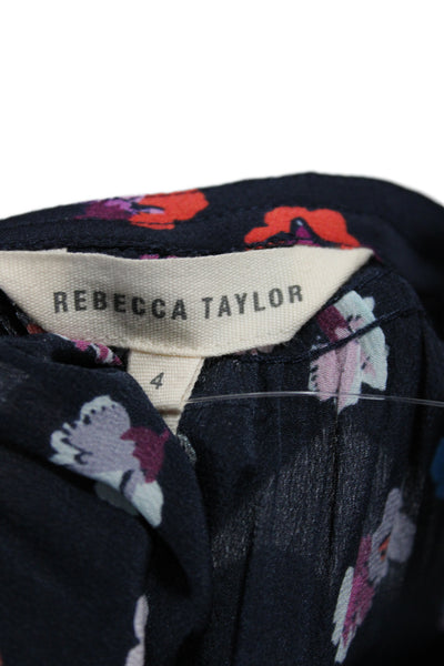 Rebecca Taylor Womens Black Silk Floral Shift Dress 3/4 Sleeve Button Size 4