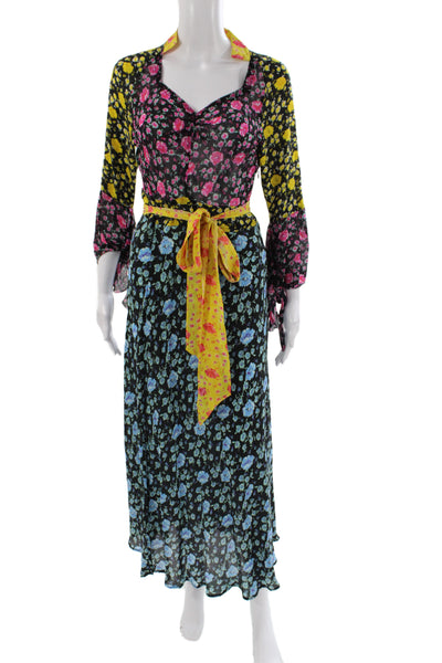 Rixo Womens Maxi Floral Silk Dress Black Collared Long Sleeve Tie Size S