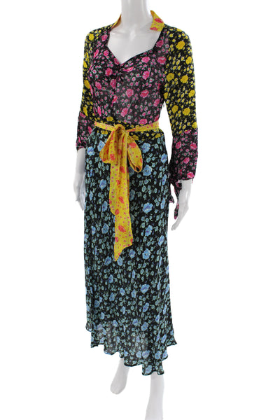 Rixo Womens Maxi Floral Silk Dress Black Collared Long Sleeve Tie Size S