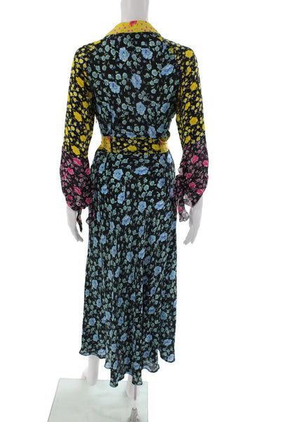 Rixo Womens Maxi Floral Silk Dress Black Collared Long Sleeve Tie Size S