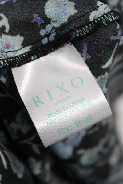 Rixo Womens Maxi Floral Silk Dress Black Collared Long Sleeve Tie Size S