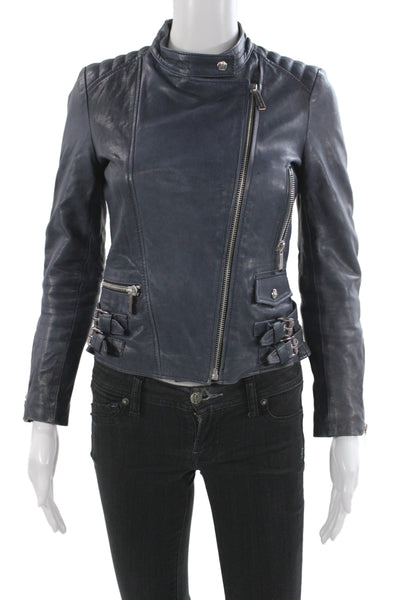 Barbara Bui Women Biker Lambskin Jacket Blue Zip Long Sleeve Size XS