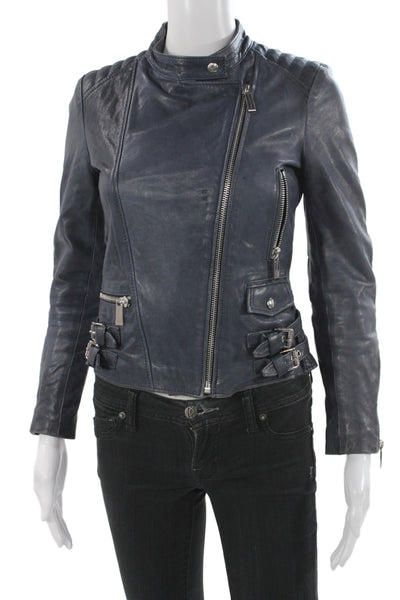 Barbara Bui Women Biker Lambskin Jacket Blue Zip Long Sleeve Size XS
