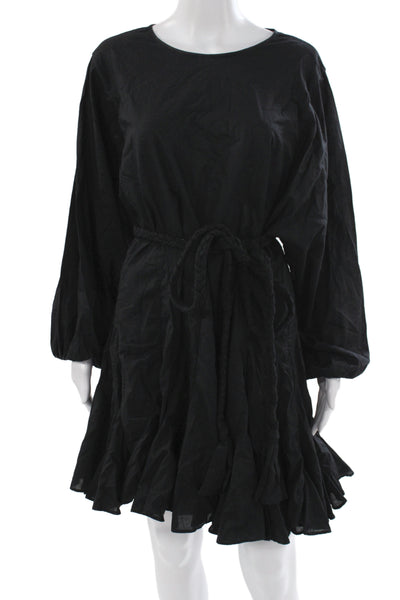 Rhode Womens Black Mini Dress Cotton Long Sleeve Tie Round Neck Size M
